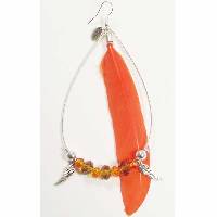 Boucles d�Oreilles Plume orange, perles et ailes d'ange
