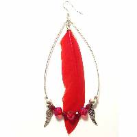 Boucles d�Oreilles Plume rouge, perles et ailes d'ange